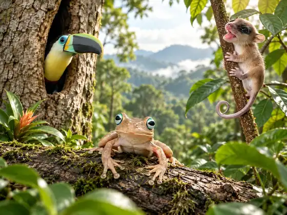 Bosque húmedo tropical con un tucán, una rana y una marmosa entre el follaje